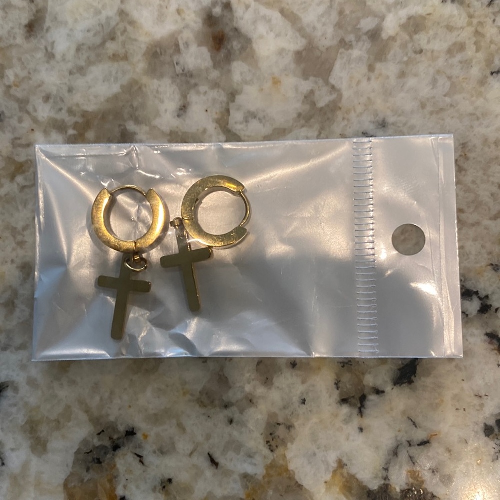 Cross dangling earrings (gold looking).